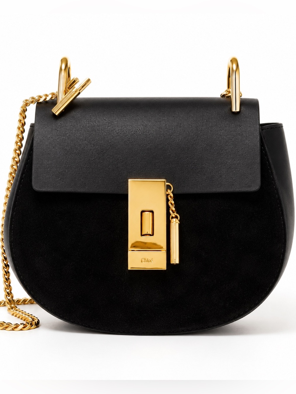 Chloé Drew Small Black Leather & Suede Crossbody Bag Gold Hardware